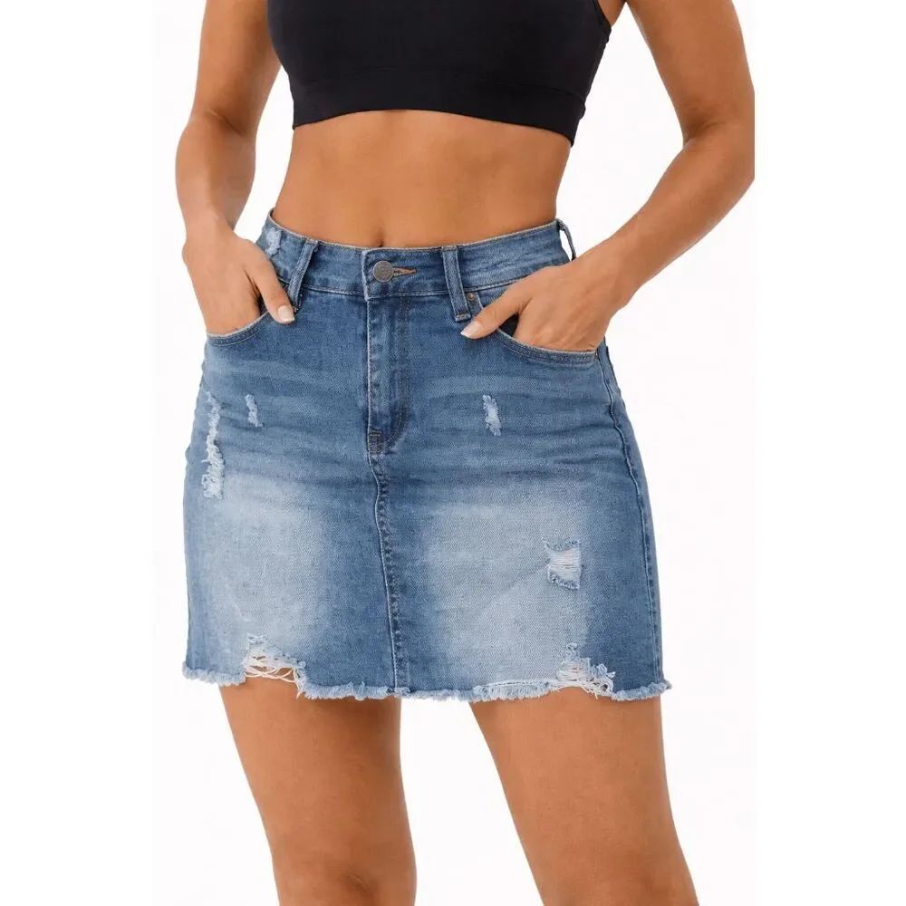 Blue Turtle Women's Medium Blue Booty Maker Asymmetrical Denim Mini Skirt M